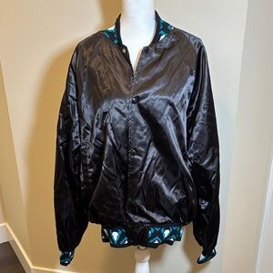 Vintage Black Satin Bomber Jacket with Teal Accent